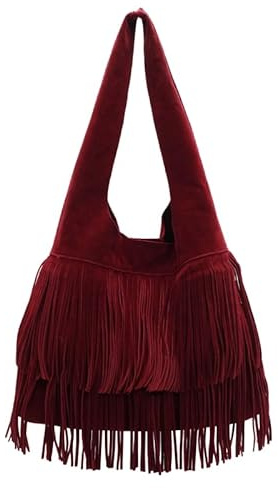 JUCHRZEY Borsa a tracolla da donna con nappa smerigliata Borsa sotto le ascelle con frange in pelle scamosciata finta Borsa tote vintage di capacità Borsa for la spesa femminile (Rosso)