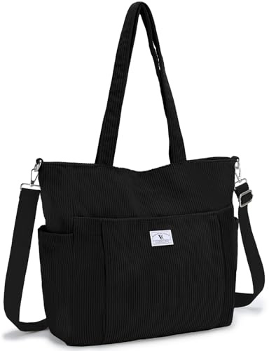 VX VONXURY Tote Bag Cord Umhängetasche Damen Mittelgroß Handtasche Frauen mit Reißverschluss Leichte Shopper für Arbeit Universität Shopping Schwarz