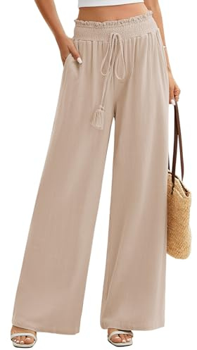 UMIPUBO Women Cotton Linen Trousers Summer Wide Leg Pants Elastic Waist Lightweight Beach Trousers Ladies Palazzo with Pockets Casual Flowy Loose Bottoms for Work Yoga Holiday (Almond, XL)