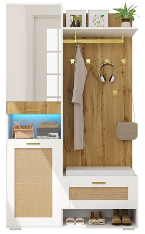 Azkoeesy Garderoben-Set, Flurgarderoben Set, mit Spiegel, Schuhschrank, Polster-Schuhbank, 6 goldene Haken, Kleiderständer, 16 Farben LED, 110 L x 38 B x 190 H (cm) (Natur + Weiß/Rattan)
