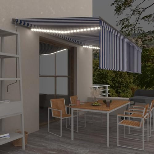 Hoodmeel Tende da Terrazzo, Tenda Sole Balcone, Tenda per Balcone Esterno, Tenda Automatica con Parasole LED, Sensore Vento 5x3 m Blu Bianco
