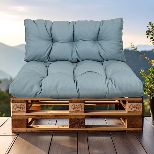 SLIPIO Palettenkissen für Europaletten, 2-TLG. Set, wetterfest, Himmelblau | Palettenpolster; FÜLLPRO+ Füllung; 1x Rückenkissen 120x40 cm + 1x Sitzkissen 120x80 cm