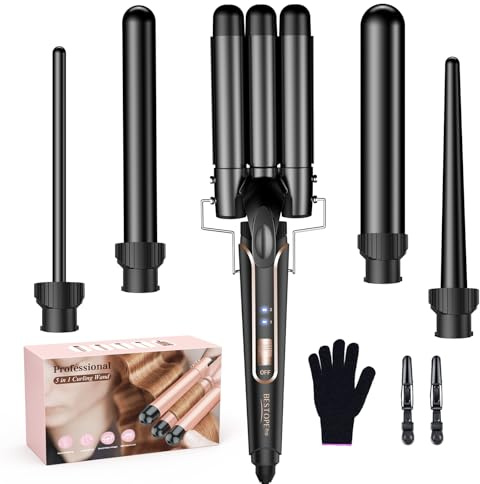 BESTOPE PRO Ferro arricciacapelli 3 fusti di ferro ondulato 5 in 1 - Set di 3 botte per onde grandi, regolazione della temperatura, riscaldamento rapido e guanto, 2 clip, nero
