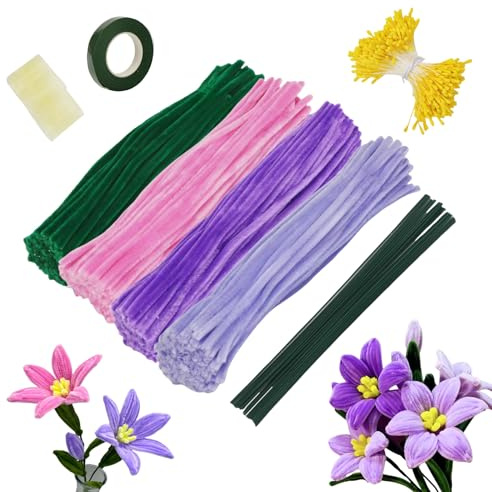 MorLuks Pfeifenreiniger Blumen Set Lila, 400 Stück Pfeifenreiniger in 4 Farben, Pfeifenputzer zum Basteln, Pipe Cleaner Flower Set mit Grün Basteldraht Staubblätter Geschenkband