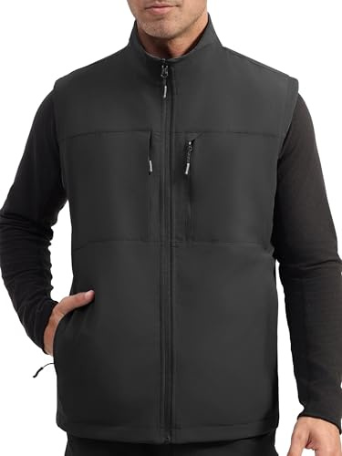 Gratis SOLDIER lätt softshell väst för män, vattentät och vindtät ventilerande väst med flera fickor, sportig för golf, cykling, löpning, vandring och arbete, Svart och grå, L