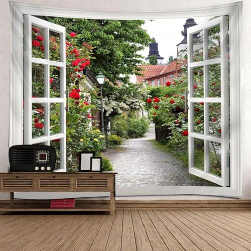 Generisch Wandteppich Fensterblick Wandtuch Garten, Wandteppiche 230x180 cm Tapisserie Wandbehang Stoff Wanddeko für Wohnzimmer Schlafzimmer Wohnheim B-0537