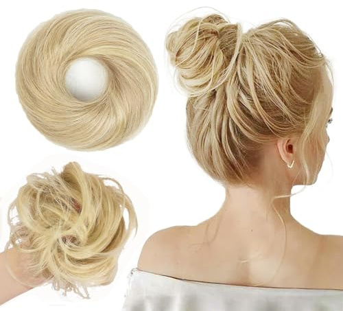 FAINCA Haarteil Dutt Haarteil mit Gummiband Elastisch Haargummi mit Haaren Messy Bun Haarteile Haar Dutt Extensions Cremeweiß für Damen Mädchen für Hochzeiten Party Alltag