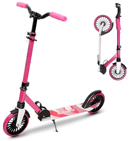 Nattork Kick Scooter for Teens Adults, Max Load 240 LBS, Adjustable Height Foldable with 8 Large Wheels, Anti-Shock Suspension Hot Pink