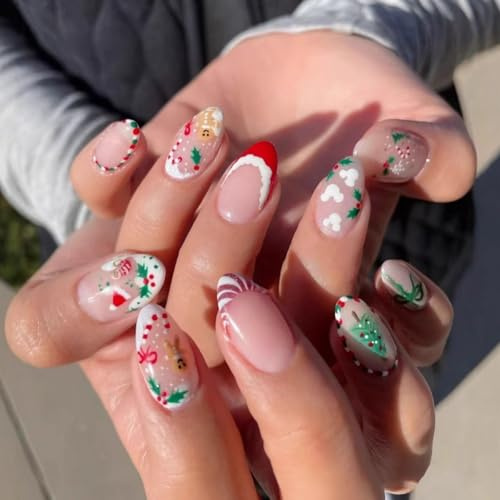 Christmas Press on Nails, Almond French Tip | False Nails with Christmas Tree Candy Designs, Stick on Nails Acrylic Winter Fake Nails for Women Girls