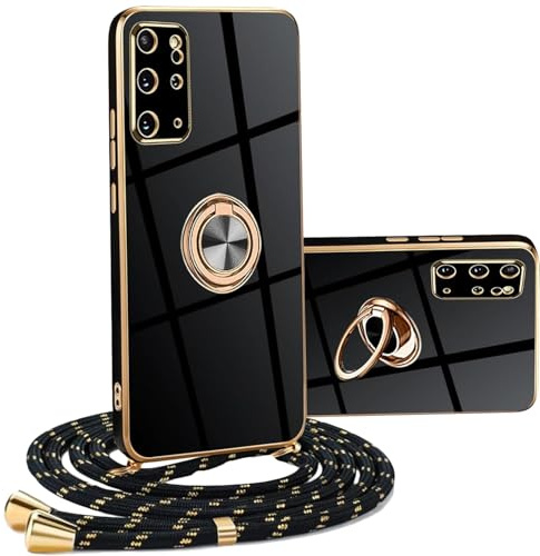 YAMCCCSE Handykette für Samsung Galaxy S20 Plus Hülle mit Band, Galvanik Stoßfeste Silikon Handyhülle mit Ständer, für Samsung Galaxy S20 Plus mit Kette Kordel Schutzhülle, Schwarz Gold