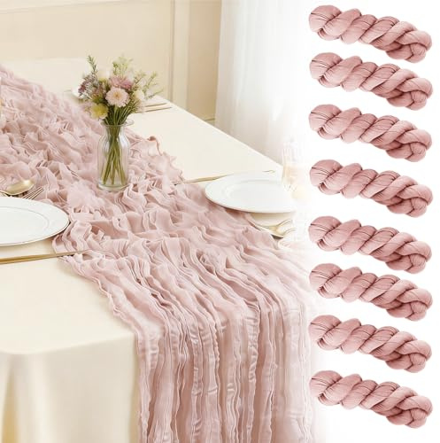 Otauoaea Chemin de Table Rose Vintage en étamine 50 x 300 cm - Gaze de Coton Rustique Table Runner pour Décoration de Mariage, Fêtes et Anniversaires - 8 Pièces