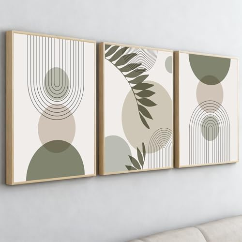 PWAAHDC Wohnzimmer Wandbilder Groß – 3er Set Bilder mit Rahmen 50x70cm – Abstrakte Boho Leinwand in Grün – Kunstdrucke für Moderne Deko