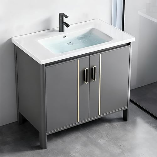 TYMYW Waschbecken mit Unterschrank und Wasserhahn mit Füßen Waschtisch Stehend mit Unterschrank mit Puffertür,grau,70cm