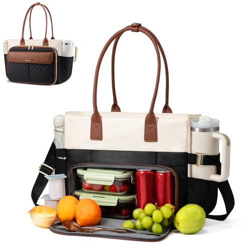 LOVEVOOK 17 Inch Laptop Tote Bag for Women, Teacher Nurse Work Tote Bags with Large Cup Holder & Accordion File Area for Office, Travel, College, Computer Handbags Quilted Diaper Bag Gifts