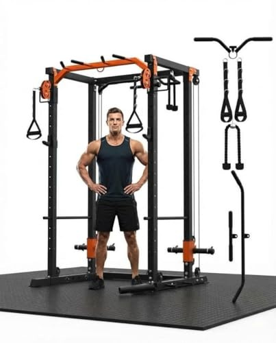 ExploreHorizon Power Cage with LAT Pulldown & Cable Crossover System, 2000LBS Multi-Functional Power Rack, All-in-1 Weight Cage Home Gym with Adjustable Pulley System, Squat Rack for Garage, Home