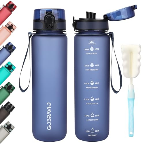 Gobravio Water Bottle 1L BPA Free Sports Drink Bottle Dishwasher Safe Canteen Bottle Leakproof Motivational Water Bottle with Time Markings (Deep Blue)