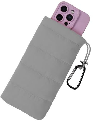 MOPZIJA Thermo Handyhülle Tasche Universal Daunen Pouch Handysocke Weihnachten Geschenke für Smartphones Handy Winter Handyhülle mit Karabiner Ideal für Outdoor Camping Wandern Skifahren (Grau)