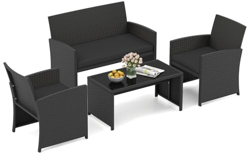 COSTWAY Conjunto Jardin Exterior de Ratán, Juego de Conversación para Patio de 4 Piezas, Sillon de Mimbre de 2 Plazas con Mesa de Centro de Vidrio Templado,Muebles Jardin Exterior para Porche (Negro)
