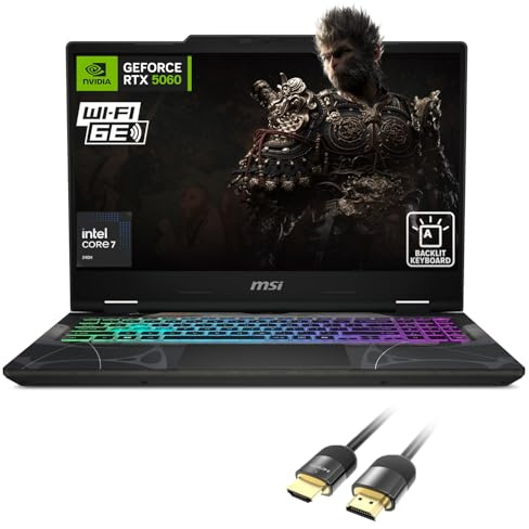msi Cyborg 15.6 inch FHD 144Hz Gaming Laptop, Intel Core 7 240H, NVIDIA GeForce RTX 5060, 16GB RAM, 1TB SSD, WiFi 6E, RGB Backlit Keyboard, PDG HDMI Cable, US Version KB, Windows 11 Pro