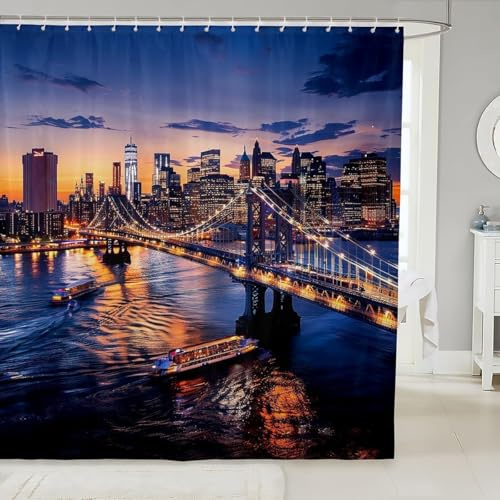 Duschvorhang 160x200 cm New York Duschvorhang Brooklyn-Brücke Bad Vorhang Anti Schimmel Wasserdicht 3D Shower Curtains Waschbar Polyester Stoff Duschvorhänge für Badewanne Badezimmer A/5