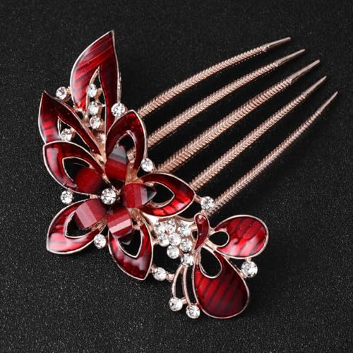 FOYTOKI Eleganter Roter Haarkamm mit Strasssteinen Exquisiter Haarschmuck für Damen als Seitenkamm für Hochzeit und Abschlussfest aus Legierung