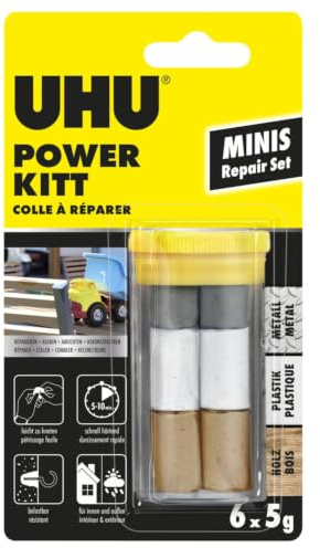 UHU Repair All POWERKITT Minis – 2K Epoxidharz Knetmasse 6 x 5 g, Reparaturmasse für Metall, Holz, Stein, Keramik & Kunststoff, wasserfest, schleif- & überstreichbar