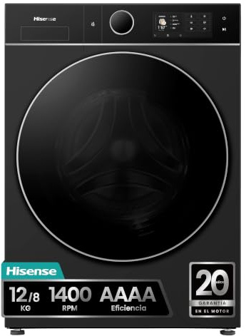 Hisense WD5I1245BBRH - Lavasecadora 12 kg/8 kg, Clase A, Fondo 60cm, 1400 rpm, Máxima Eficiencia AAAA, Bomba de Calor, Lavado y Secado Super, Filtro Optimizado, Lavado y Secado 49', iFit™, Negro