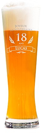 AMAVEL Verre à Bière Blanche avec Gravure Personnalisée, Joyeux Anniversaire 18 Ans, Prénom, env. 0,5 L