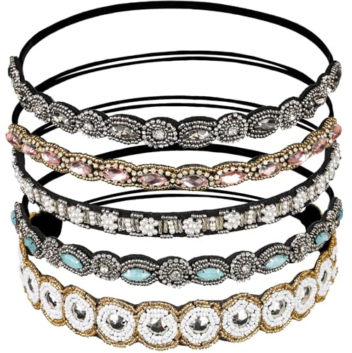 Teenitor 5pcs Hairbands for Women, 5 Rhinestone Beaded Headbands, Head Bands for Women's Hair Fashionable Handmade Crystal Beaded Elastic hairbands, 20-26.8(51-68cm), 1 Count (Pack of 5), HAIRBAND