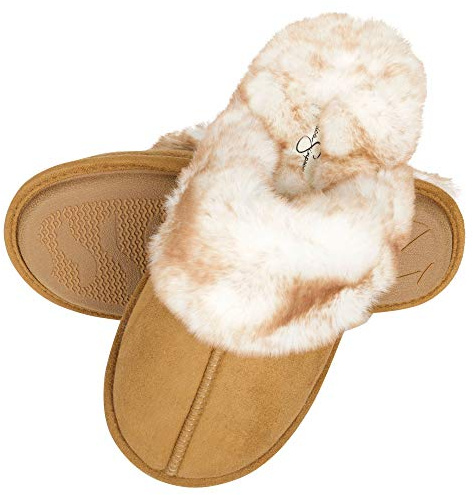 Jessica Simpson Comfy Faux Fur Womens House Slipper Scuff Memory Foam Slip On Anti-Skid Sole (Size Extra Large, Tan)