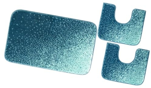 emmevi Tappeto Bagno Set 3 Pezzi Parure Morbido Girowater Assorbente Shaggy Retro Antiscivolo Blu