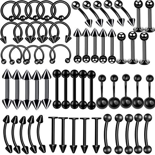 Schwarz Piercing Set damen herren 60 x Edelstahl Mix Körperschmuck Studs Barbells schwarz Bananabells für Ohr Lippe Nase Zunge Bauchnabel Augenbrauen Nippel schwarz Piercing Ring Punk 1.2 * 8mm (8)