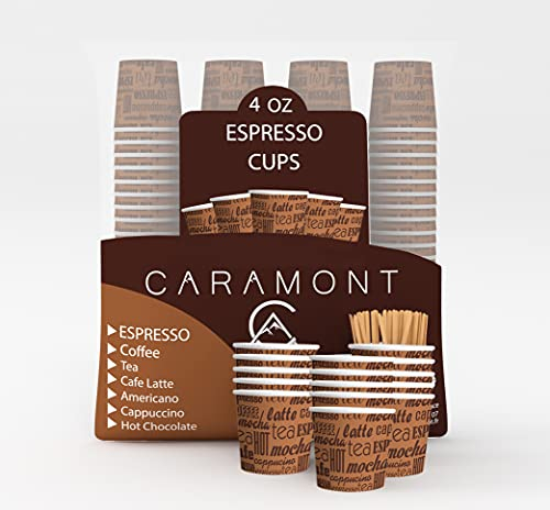 Caramont,4 Oz 400 Espresso Gobelets en Carton avec Agitateurs en Bois,Écologique et Jetables,Résistant à la Chaleur,Carton de Qualité,Idéal pour Toutes Les Boissons Chaudes ; Café,Thé,Chocolat etc.