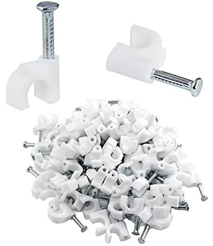 Bonsicoky 100Pcs Nail Cable Clips with Steel Nail, 6mm White Cable Wire Management Clips for Ethernet Cable, Telephone Cable, TV Wire Cable, Print Cable