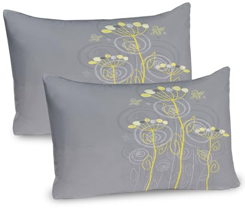 Ambesonne Grey and Yellow Pillow Sham Set of 2, Under The Sea Inspired Flowers Abstract Swirls Backdrop, Quality Microfiber Bedding Item for All Seasons, 26 x 20, Grey Yellow