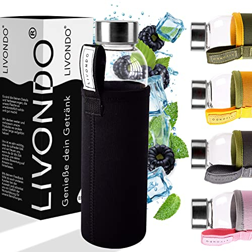 LIVONDO Gourde en verre de 0,5 l avec bouchon à vis en acier inoxydable et housse en néoprène - Passe au lave-vaisselle (nuit - noir)