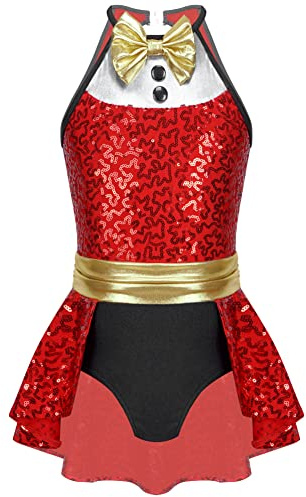 CHICTRY Pailletten Ballettanzug Kinder Mädchen Glitzer Ärmellos Ballettkleidung Tutu Rock Neckholder Turnanzug Mit Wickelrock Schleife Vorne Für Weihnachten Party Rot 170-176