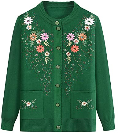 Strickpullover Der Mutter Strickjacke - Gestickte Blumen Alte Dame Warmer Pullover Herbst Winter Frauen Mittleren Alters Und Ältere Mantel 60-Jährige Oma Top Kleidung, Grün, 3X, Groß