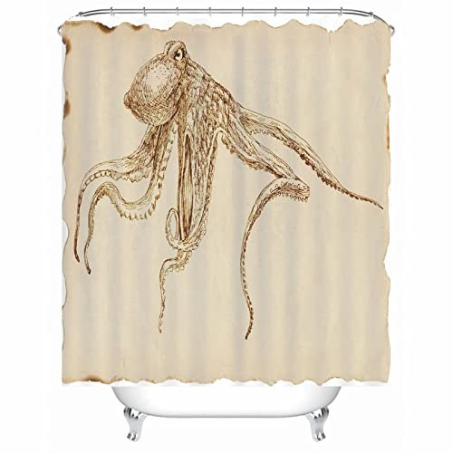 EHOMERY Duschvorhang Quadratische Duschrollo Anti Schimmel Tintenfisch Polyester Beige Rostfreie Ösen Und 12 Hakenringe, 90X180Cm