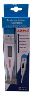 LAMONEA - Termometro Digitale, Certificato CE - Impermeabile e Preciso, Misura la Febbre in 60 Secondi, Display LCS e tasto On/Off - Segnale Acustico, Ideale per Adulti e Bambini - MC-101