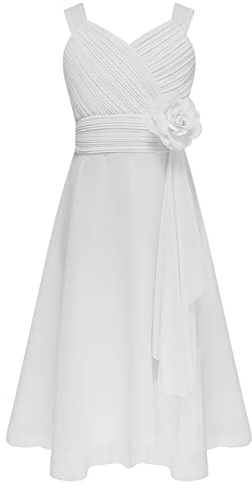 Aislor Bebe Fille Robe Demoiselle d'honneur Mariée Enfant Robe de Cérémonie Communion Asymétrique Robes A Fleur Bretelles Blanc 13-14 Ans