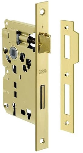 Serratura AGB patent piccola- scrocco e mandata OTTONATO VERNICIATO ENTRATA 50 - Interasse 70 mm. Frontale verniciato mm.20x188 mm. Compresa la chiave. di contropiastra