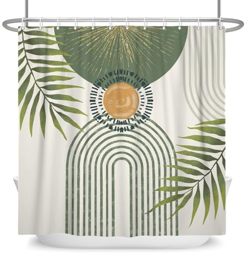 ASDCXZ Boho Duschvorhang 180x200 cm, Modern Abstrakt Grün Palmblätter Sonne Bogen Beige Waschbar Duschvorhänge Polyester Textil Wasserdicht Anti-Schimmel Duschvorhang für Badewanne mit 12 Haken