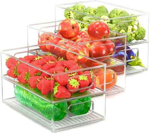 Unique Impression Set of 6 Stackable Fridge Organisers - Clear Fridge Storage Containers with Handles - Organizer Boxes for Refrigerator, Cupboard, Cabinet, Pantry, Snacks, Cans, Tins, Kitchen