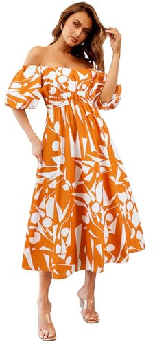HEYPORK Damen Frühling Sommer Kleid Bequem Lässig Modern Elegant Kleider Frauen EIN Hals Blase Ärmel Gedruckt Große Swing Temperament Kleider(Orange, M)