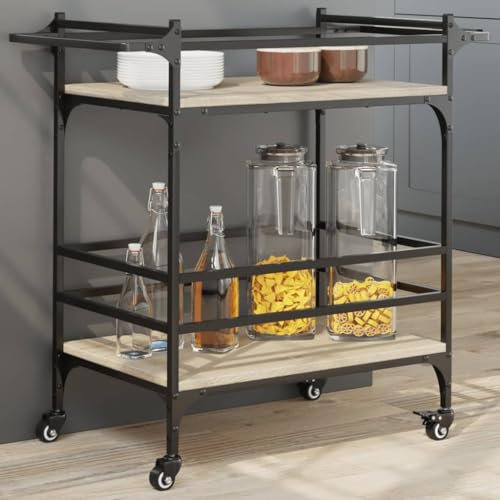 AUVYI Rollwagen Sonoma-Eiche Servierwagen 2 Ebenen Küchenwagen mit Verstellbaren Füßen Aufbewahrungswagen Reichlich Stauraum 82x40x78,5 cm