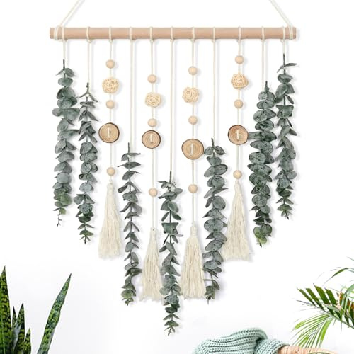 ASTNIC Künstlicher Eukalyptus Wandbehang Dekor Gefälschte Pflanze Grüne Blätter Boho Wanddekor mit Holzstab für Schlafzimmer Badezimmer Küche Rustikales Bauernhaus Wohnzimmerdekoration