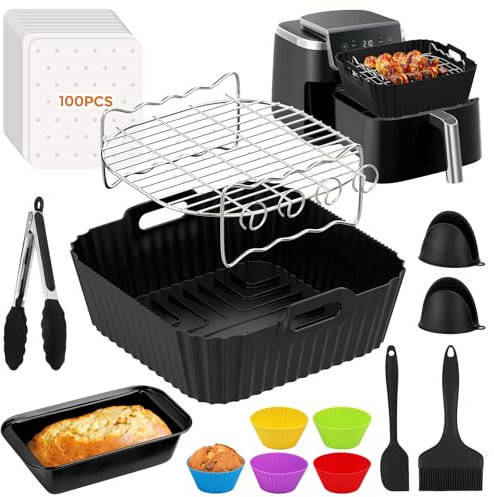 FTUREERA Heißluftfritteuse Zubehör für Ninja Max PRO 6,2L AF180EU und Ninja PRO 4,7L AF140EU Heißluftfritteuse, 113 Stück Airfryer Zubehör für Ninja, Einschließlich Grillrost Backpapier Silikonform