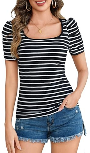 Aottori Camiseta Manga Corta Negro Mujer Básica Top T-Shirt de Raya Elegante Cuello Cuadrado Camisetas Algodón Ligero Casual Pullover Túnica Negro S