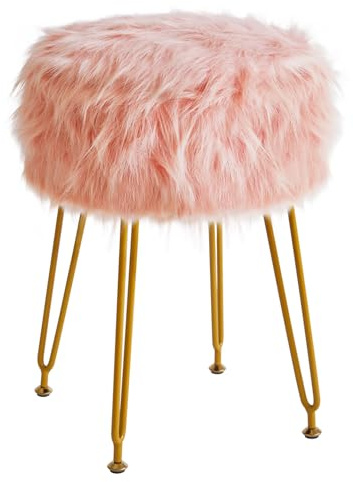 IBUYKE Faux Fur Vanity Hocker mit Aufbewahrung, Make-up Stuhl, Pink WBD021P | Pelziger osmanischer weicher gepolsterter Sitz rund Fußstütze Fußhockel 4 Metallbeine Wohnzimmer Schlafzimmer Eingang